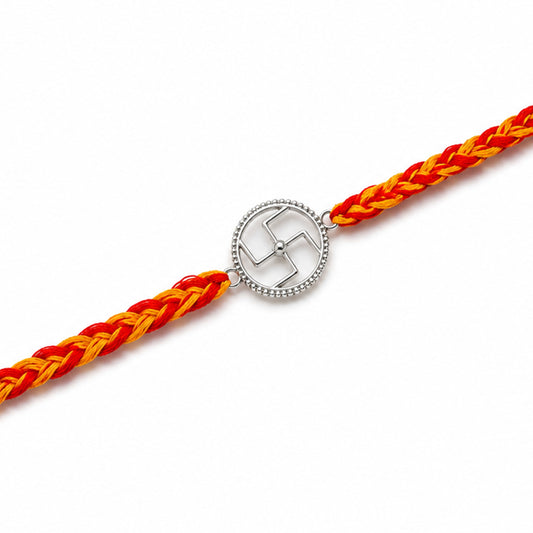 Divine Swastik Rakhi in 925 sterling silver with circular swastik motif, House of Binti