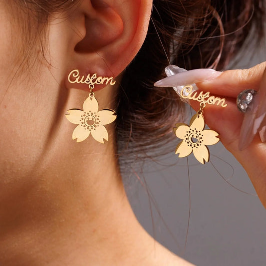 Custom Name Floral Drop Earrings – Personalized Cherry Blossom Design