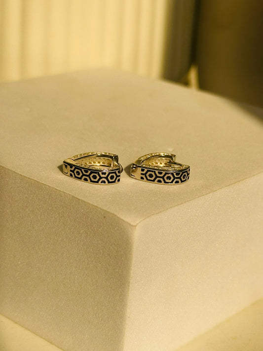 Hexa Pattern Black Enamel Hoops