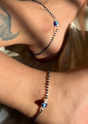 Evil eye black beaded anklet