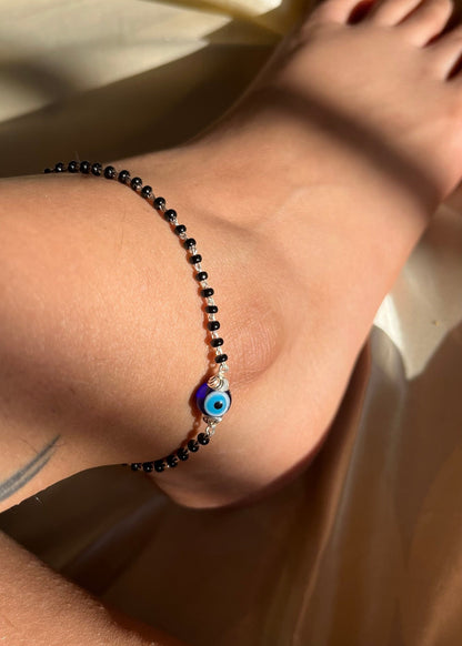 Evil eye black beaded anklet