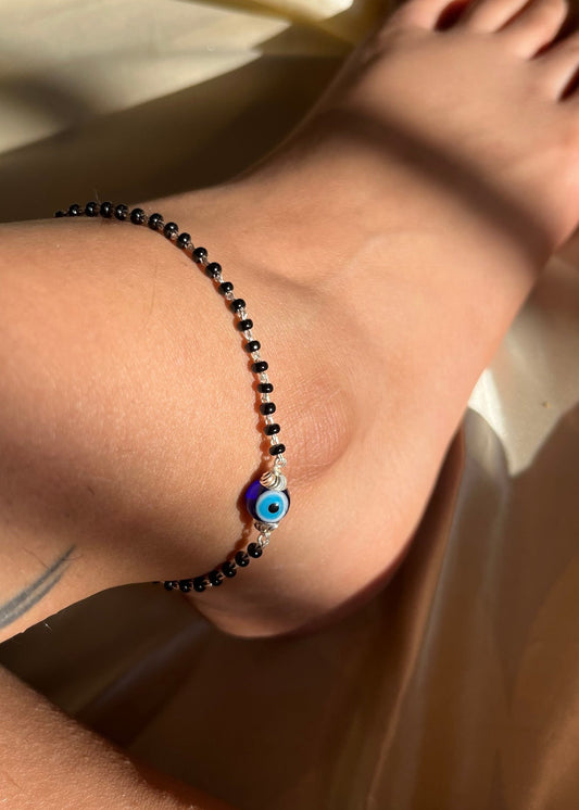 Evil eye black beaded anklet