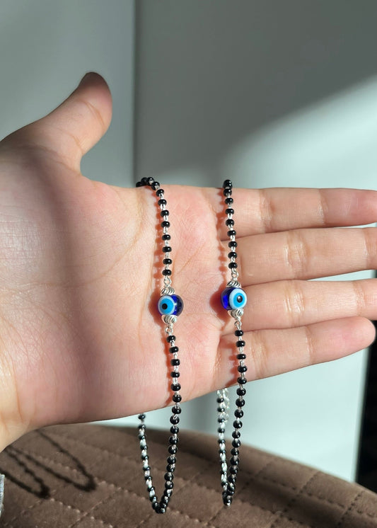 Evil eye black beaded anklet