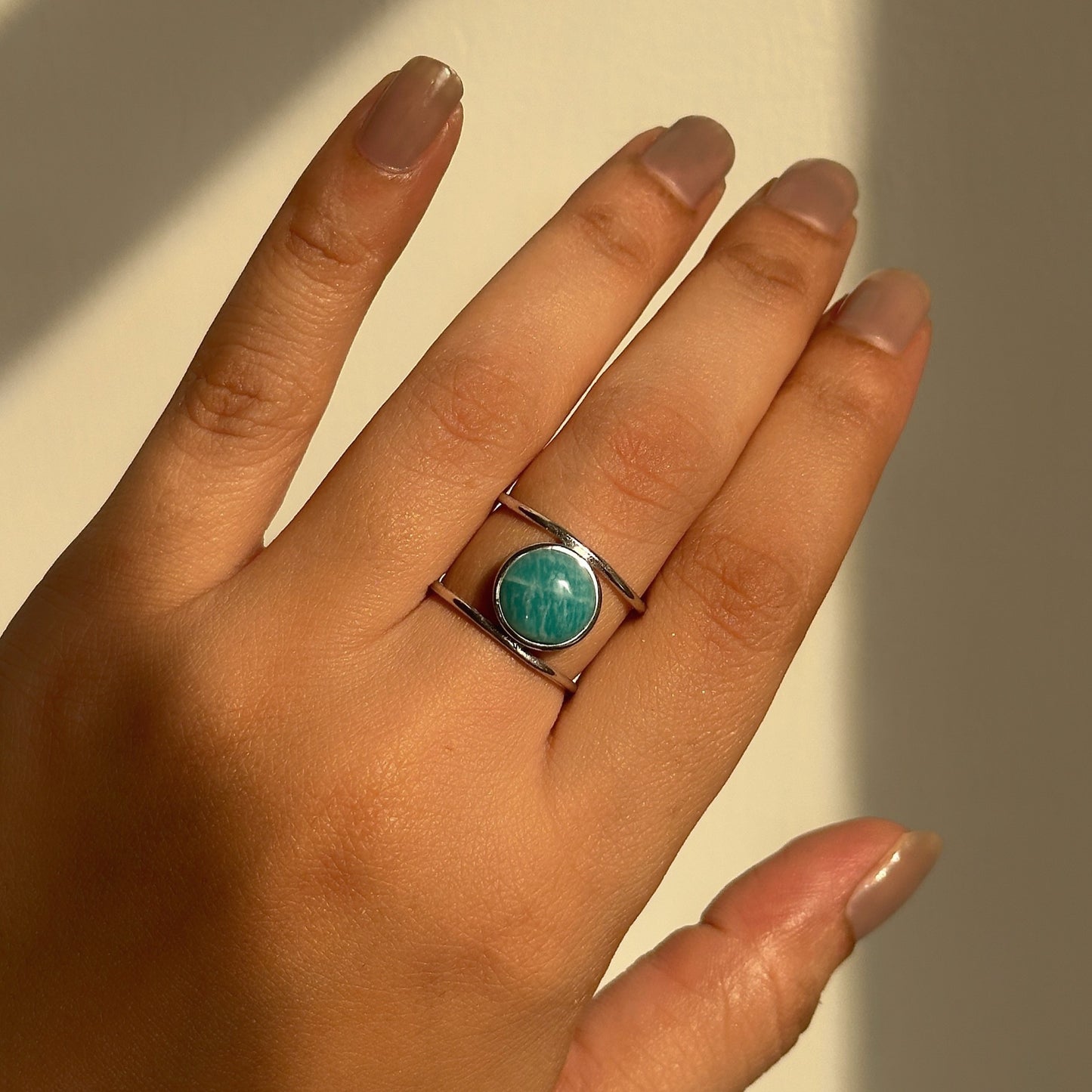 ocean mist ring in 925 sterling silver with natural amazonite stone, house of binti