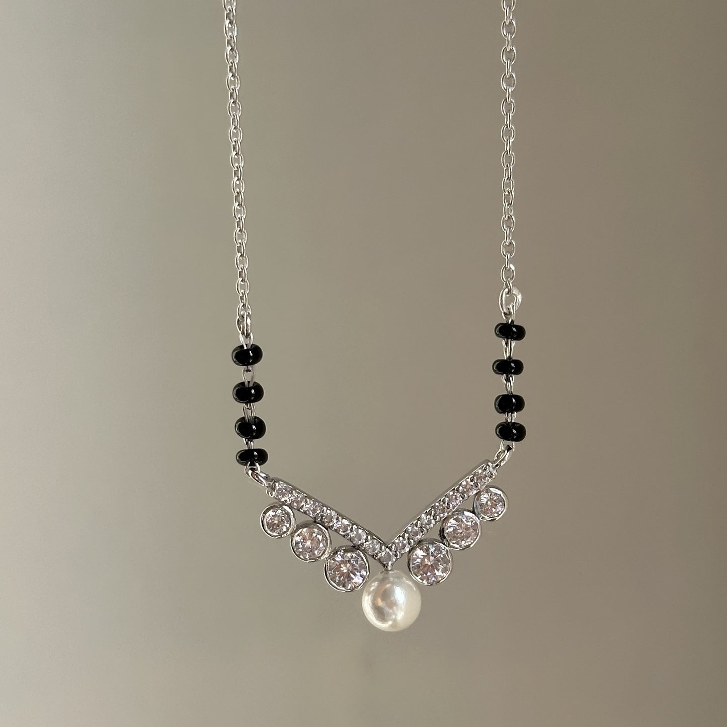 royal pearl mangalsutra — v-shaped zircon with pearl in 925 sterling silver