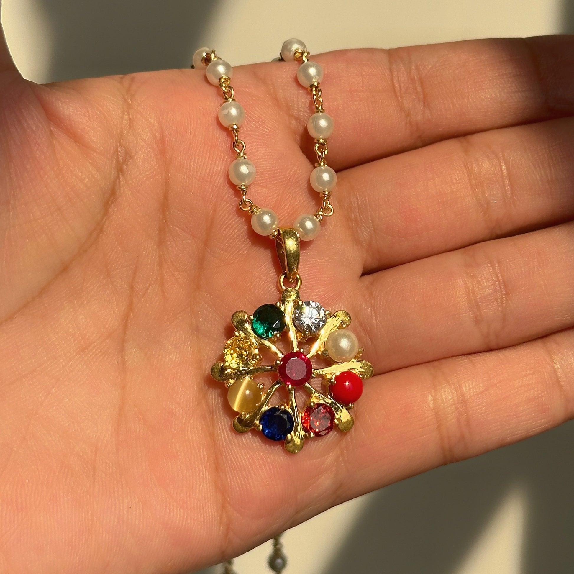 Navratna Pearl Pendant Necklace worn — 925 silver navratna and pearl mala