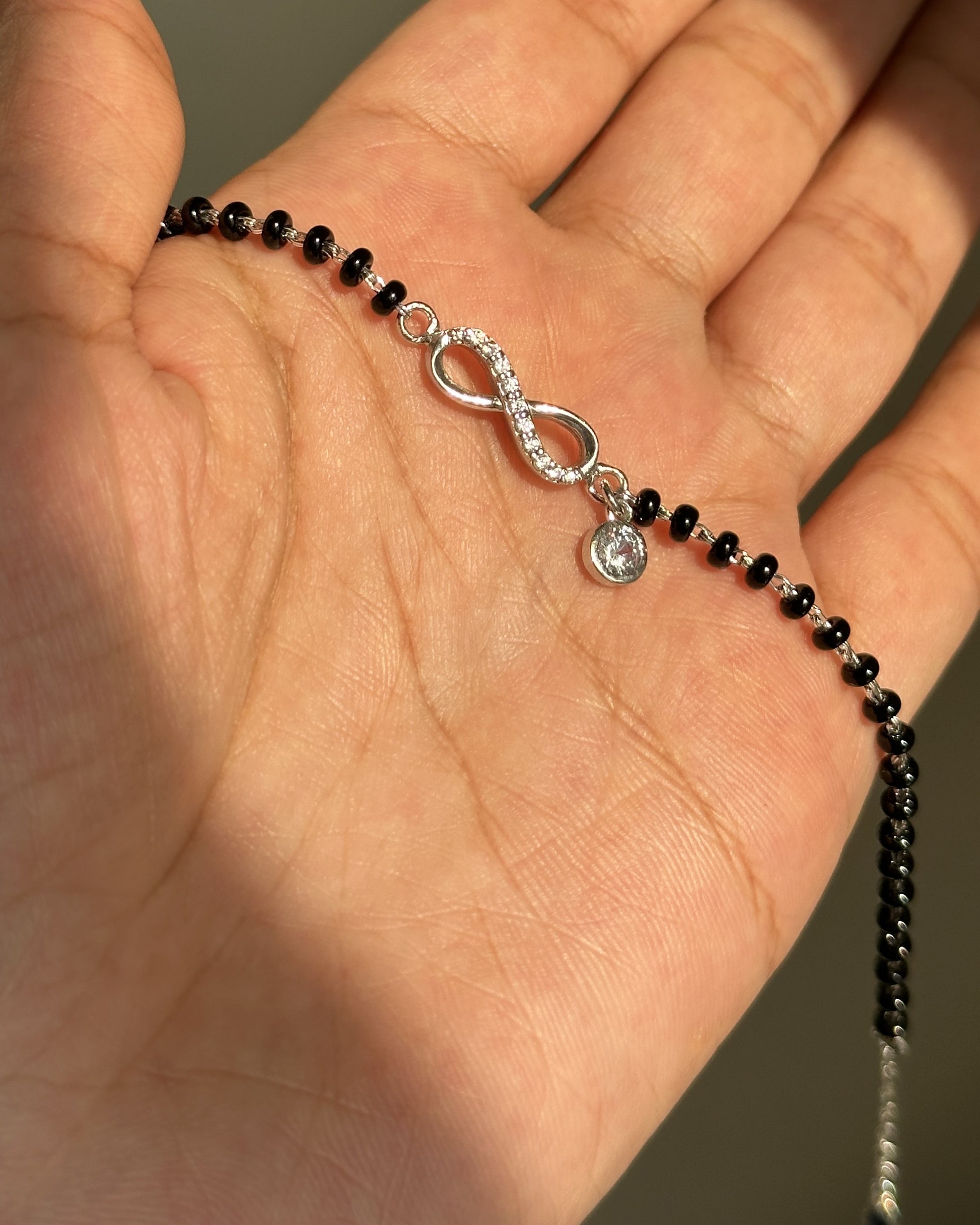 Infinity Drop Hand Mangalsutra worn on wrist — 925 silver hand mangalsutra
