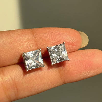 Luna Square Studs close-up — white zircon square-cut stone detail