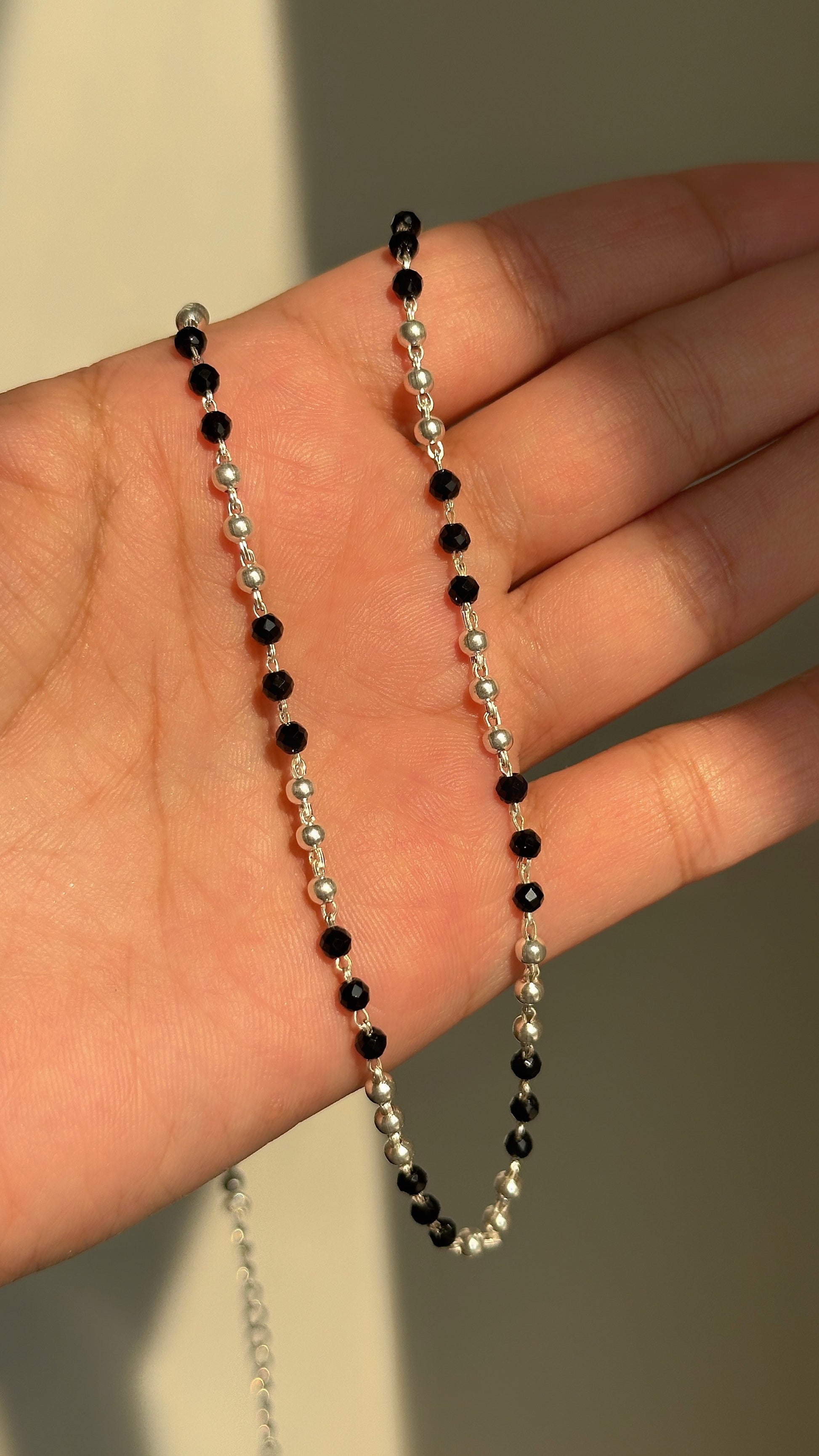 Classic Black Bead Chain — silver and faceted black beads in 925 sterling silver