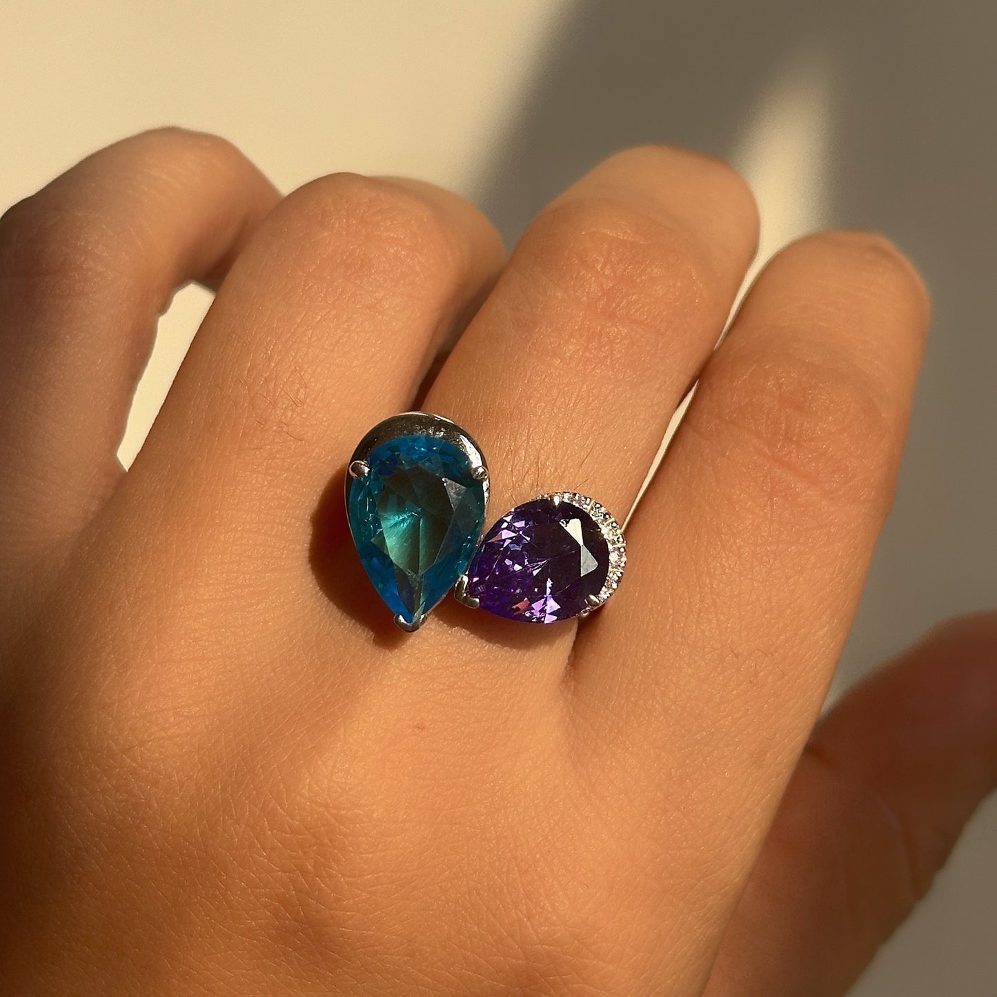 mystic duo ring worn on hand — 925 silver dual-stone statement ring