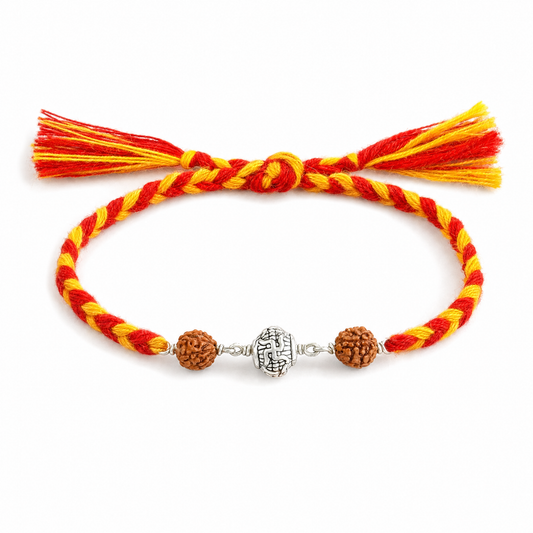 Divine Swastik Rudraksha Rakhi — 925 silver swastik bead with rudraksha beads