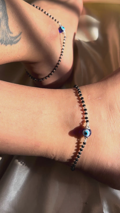 Evil eye black beaded anklet